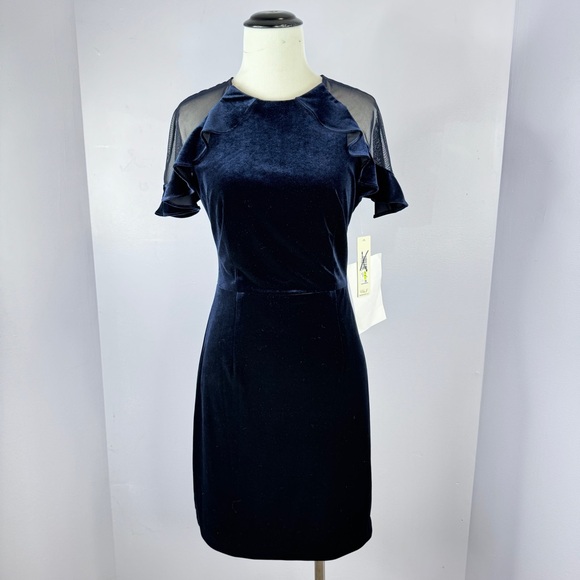 NEW Eliza J Women's Navy Blue Velour Velvet Formal Dress Size 4 Sheer Shoulders - Picture 1 of 8